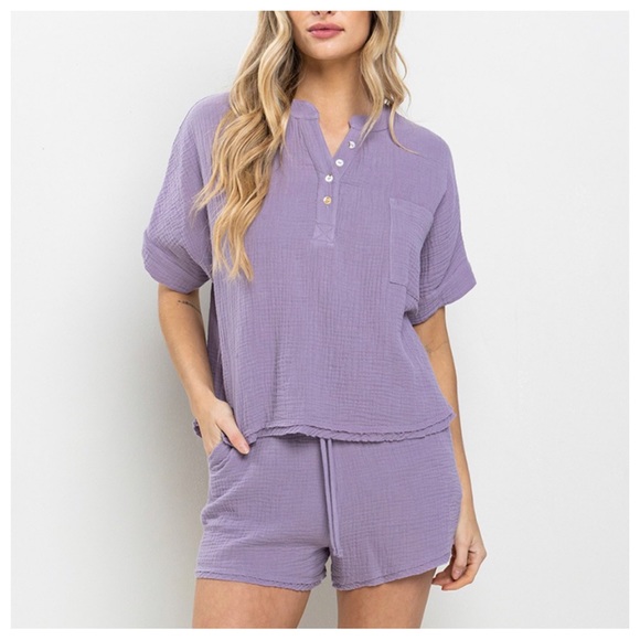 39 Boho Cotton Gauze Short Sleeve Top and Shorts Set - Picture 2 of 4